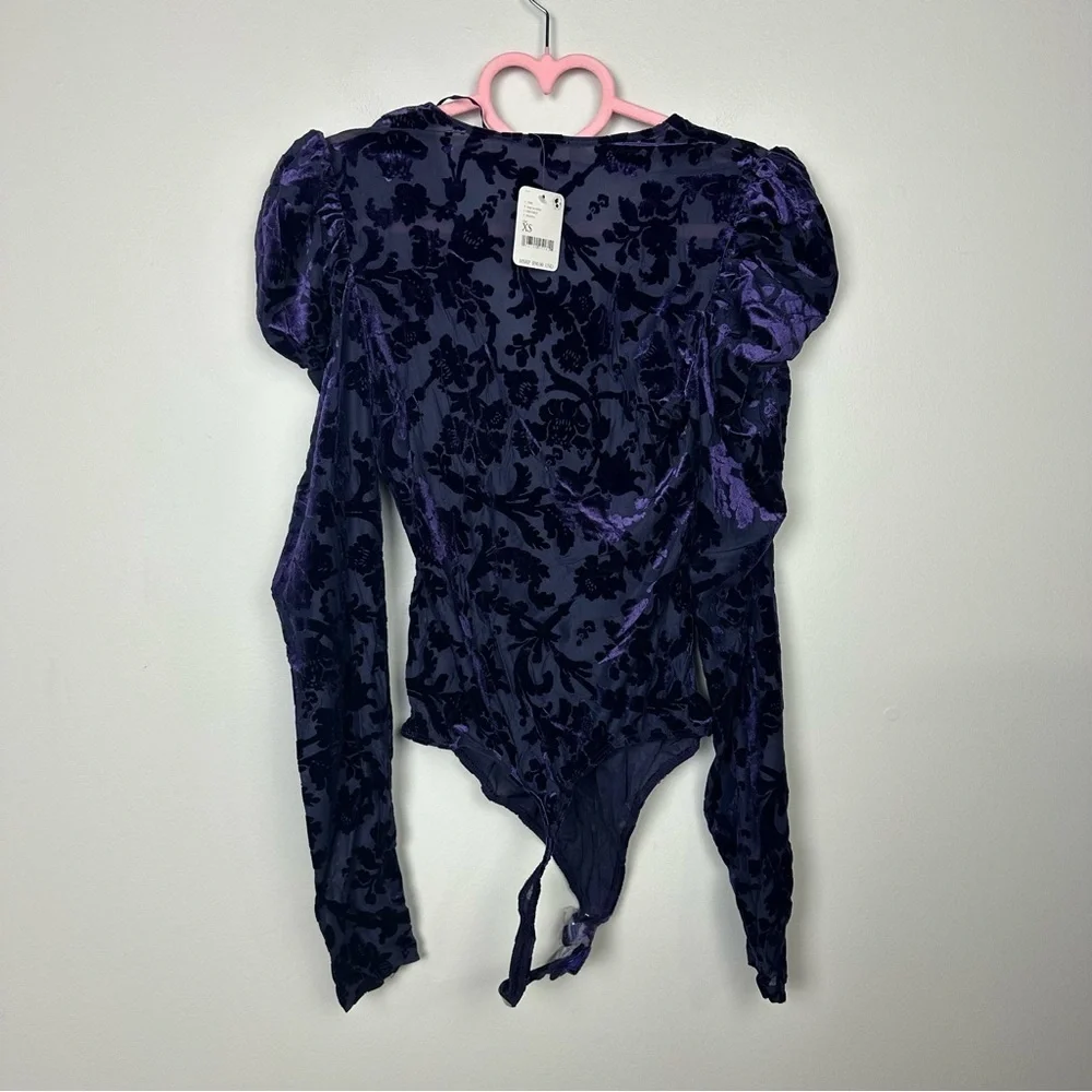 Free People NWT Magic Hour Velvet Puff Bodysuit Deep Sea Combo Size XS OB1570815